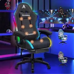 Produktbild: ALFORDSON Gaming-Stuhl mit LED, Gaming Sessel mit 8-Punkt-Massage, Ergonomischer Gamer Stuhl mit RGB Beleuchtung, Drehstuhl mit Lordosenstütze und Kopfstütze, Stoffmaterial, Grau