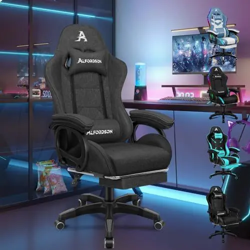 Produktbild: ALFORDSON Gaming Stuhl, Racing Gamer Stuhl mit 2 Punkt Massage zum Spielen, Ergonomischer Computerstuhl mit Lendenkissen, Höhenverstellbar, Stoffmaterial, Grau