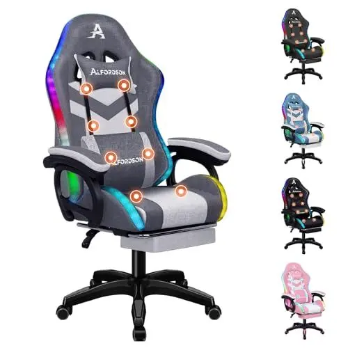 Produktbild: ALFORDSON Gaming Stuhl, Racing Gamer Stuhl mit LED RGB Beleuchtung, Massaging Computersessel mit Fußstütze, Ergonomischer Drehstuhl mit hebelbetätigter Rückenlehne, Stoff, Spleißgrau