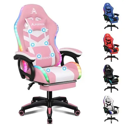 Produktbild: ALFORDSON Gaming Stuhl, Racing Gamer Stuhl mit LED RGB Beleuchtung, Massaging Computersessel mit Fußstütze, Ergonomischer Drehstuhl mit hebelbetätigter Rückenlehne, Rosa