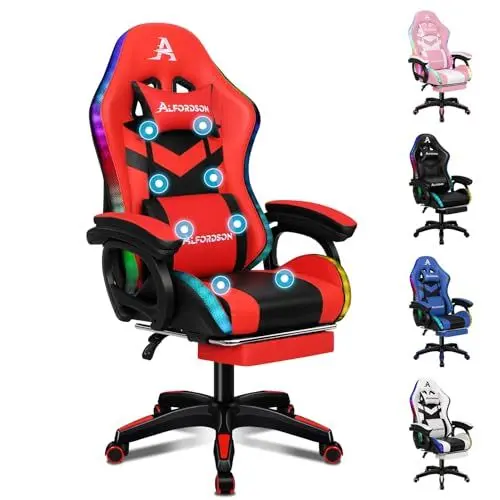 Produktbild: ALFORDSON Gaming Stuhl, Racing Gamer Stuhl mit LED RGB Beleuchtung, Massaging Computersessel mit Fußstütze, Ergonomischer Drehstuhl mit hebelbetätigter Rückenlehne, Rot