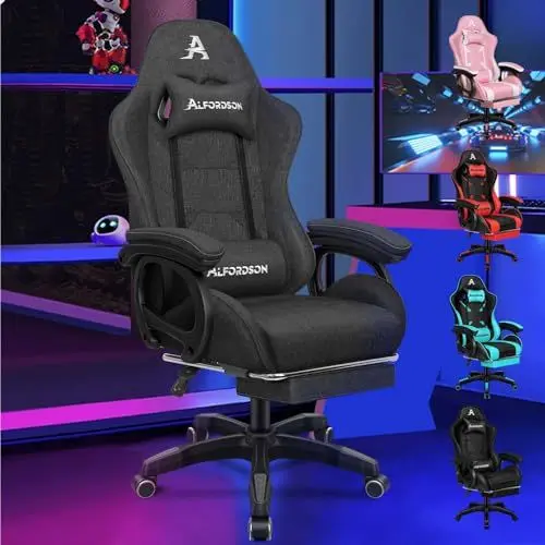 Produktbild: ALFORDSON Gamingstuhl, Bürostuhl, mit 2-Punkt-Massage, Fußstütze, Kopfstütze und Lendenkissen, 150° verstellbare Rückenlehne, Leinen Fabric, Dunkelgrau