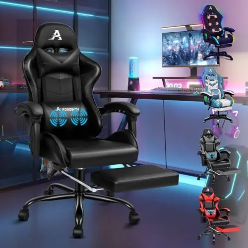 Produktbild: ALFORDSON Massage-Gaming-Stuhl, 150° Neigung, ergonomischer Chefsessel, PU-Leder mit Fußstütze, höhenverstellbar, Rennstuhl, 180 kg Tragkraft, Schwarz