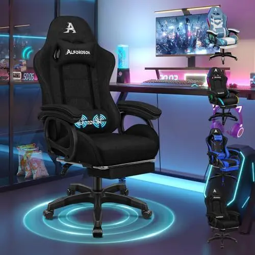 Produktbild: ALFORDSON Massage GamerStuhl, Computer Bürostuhl mit Fußstütze, 2-Punkt-Massage Stuhl 180kg Belastbarkeit, 90-150° Rückenlehne einstellbar Ergonomischer PC Stuhl, 360° drehbar, Leinenstoff, Schwarz