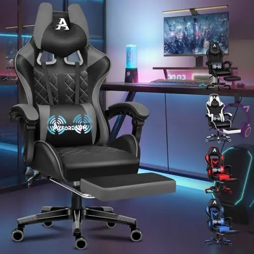 Produktbild: ALFORDSON Premium-Gaming-Stuhl mit Fußstütze und Lordosenstütze, ergonomisches Design, 150° Neigung, Leder-Schreibtischstuhl für Gaming Büro, 180 kg Tragkraft, Grau