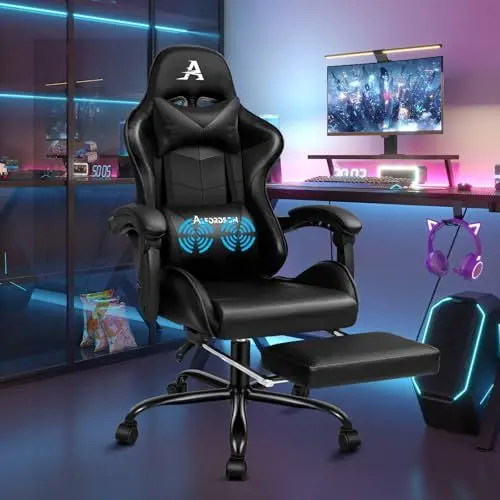 Produktbild: ALFORDSON Racing Game Chair, neigbar und höhenverstellbar, ergonomischer Gaming-Bürostuhl, gepolsterte Fußstütze, 180 kg Tragkraft, Schwarz