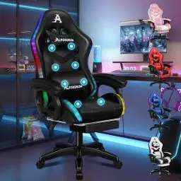 Produktbild: ALFORDSON Racing Gaming Stuhl, Massage Gamer Stuhl mit 12 LED Farben RGB Beleuchtung, Ergonomischer Sessel mit Lordosenstütze, Liegestuhl mit Fußstütze, PU Leder, Schwarz