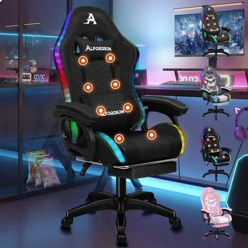 Produktbild: ALFORDSON Racing Gaming Stuhl, Massage Gamer Stuhl mit 12 LED Farben RGB Beleuchtung, Ergonomischer Sessel mit Lordosenstütze, Liegestuhl mit Fußstütze, Stoffmaterial, Schwarz