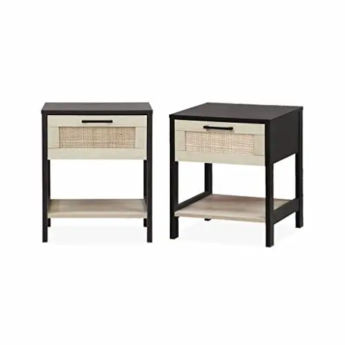 Produktbild: Alice's Home 2er Set Nachttische, schwarz und Rohrgeflecht 40 x 40 x 48 cm - Bianca - 1 Schublade, 1 Regal