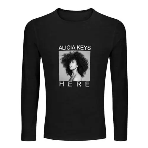 Produktbild: Alicia Keys B&W Pic Here T-Shirt Men Long Sleeve Tee Unisex Tops S