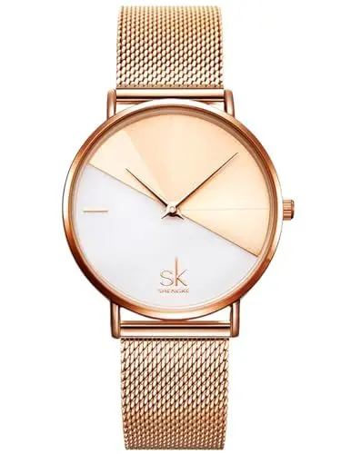 Produktbild: Alienwork Armbanduhr Damen Roségold Metall Mesh Armband Edelstahl Ultra-flach Elegant