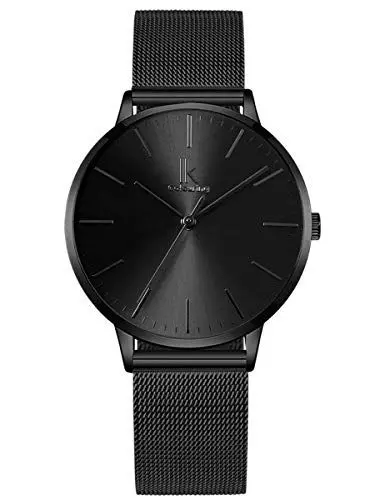 Produktbild: Alienwork Armbanduhr Damen Schwarz Metall Mesh Armband Edelstahl Ultra-flach dünn