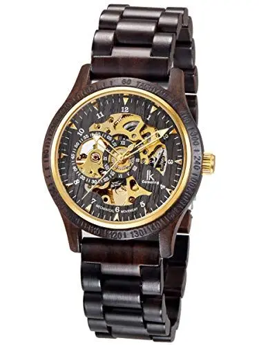 Produktbild: Alienwork Automatikuhr Armbanduhr Herren Schwarz Holz-Armband Gold Skelett Natur-Holz