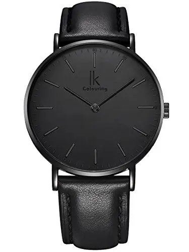 Produktbild: Alienwork IK All Black Armbanduhr Herren Damen Schwarz Lederarmband Ultra-flach