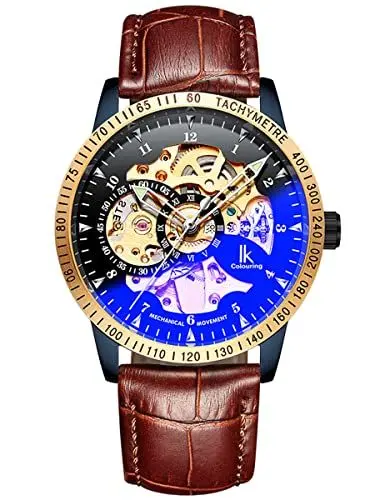 Produktbild: Alienwork IK Automatikuhr Armbanduhr Herren Damen Blau Lederarmband Braun Schwarz Skelett