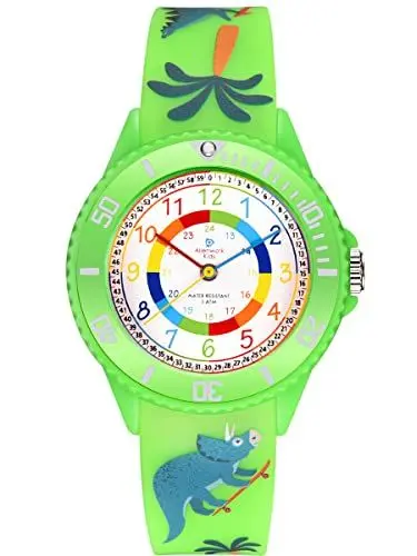 Produktbild: Alienwork Kids Dino T-Rex Lernuhr Kinderuhr Jungen Mädchen Grün Silikon-Armband Mehrfarbig Kinder-Uhr Wasserdicht 5 ATM Zeit Lernen