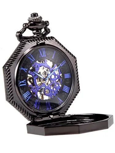 Produktbild: Alienwork Mechanische Taschenuhr Herren Damen Schwarz Blau Skelett Retro