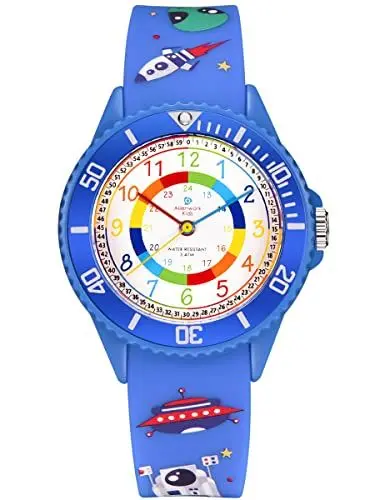 Produktbild: Alienwork Weltraum Alien Lernuhr Kinderuhr Jungen Uhrzeit Lernen Blau Silikon-Armband Mehrfarbig Kinder-Uhr Wasserdicht 5 ATM Zeit Lernen