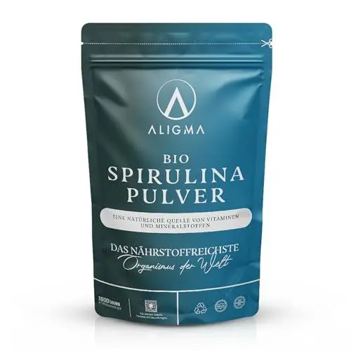 Produktbild: Aligma Bio Spirulina Pulver 1000 Gram zur Stärkung des Immunsystems Super Greens-Pulver voller Nährstoffe und Vitamine, Kalzium, glutenfreies und veganes Proteinpulver |Wiederverschließbare Verpackung
