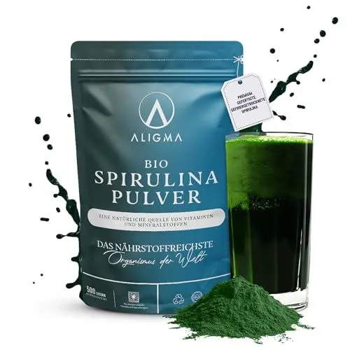Produktbild: Aligma Bio Spirulina Pulver 500 Gram zur Stärkung des Immunsystems Super Greens-Pulver voller Nährstoffe und Vitamine, Kalzium, glutenfreies und veganes Proteinpulver | Wiederverschließbare Verpackung