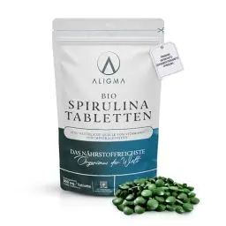 Produktbild: Aligma Bio Spirulina Tabletten 1000×500 mg zur Stärkung des Immunsystems Super Green Tabletten-voller Nährstoffe & Vitamine, glutenfrei, Kalzium, veganes ProteinTabletten, wiederverschließbare Packun