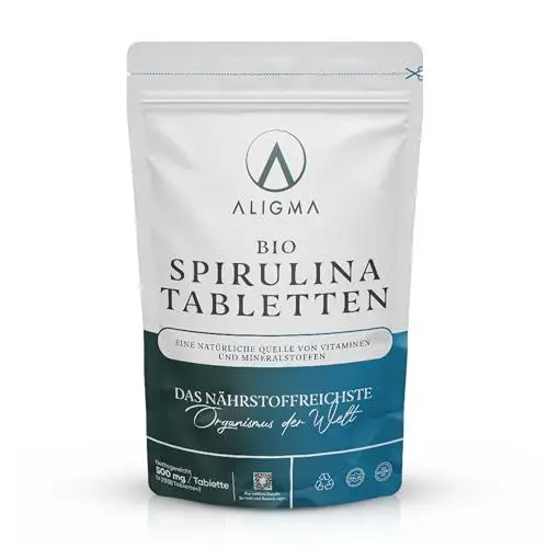 Produktbild: Aligma Bio-Spirulina-Tabletten 2000×500 mg zur Stärkung des Immunsystems, Super Grüns-Tabletten, natürliche Quelle für veganes Protein, Mineralien und Vitamine | Wiederverschließbare Verpackung