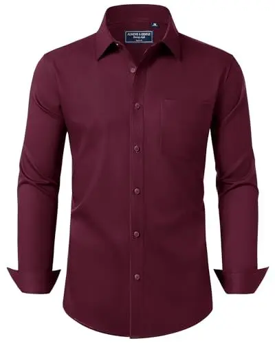Produktbild: Alimens & Gentle Herren Hemd Langarm Business Unifarben Tasche Shirt Hemden Regular Fit Bügelleichtes Burgunderrot M