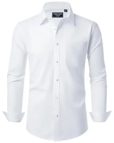 Produktbild: Alimens & Gentle Herren Hemd Langarm Business Unifarben Tasche Shirt Hemden Regular Fit Bügelleichtes Weiß XL