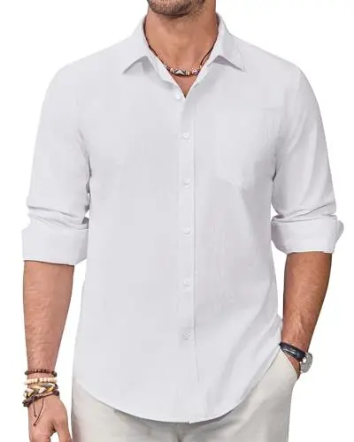 Produktbild: Alimens & Gentle Leinenhemd Herren Langarm Hemd Männer Baumwolle Leinen Shirt Regular Fit Freizeithemden Sommer Strand Tshirt