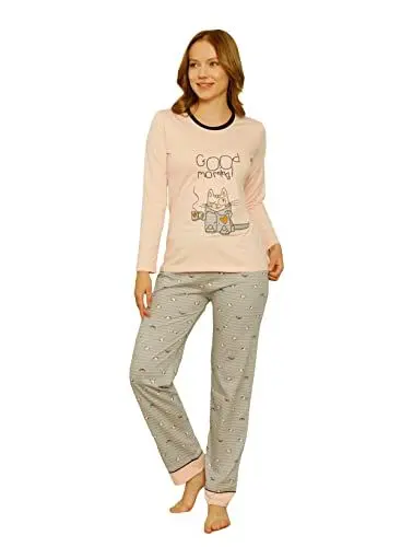 Produktbild: Alimer Damen Schlafanzug Baumwolle Pyjama Set Zweiteiliger Hausanzug Sleepwear Damenpyjama Set Langarm Nachtwäsche Freizeitanzug, Lachsfarben/Grau (2625), XL