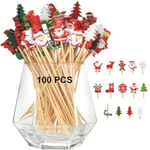 Produktbild: ALINK 100PCS Weihnachten Cocktail Picks, 12cm Weihnachten Lebensmittel Picks Weihnachten Party Picks Weihnachten Zahnstocher für Cocktail-Vorspeisen Urlaub Party Dessert