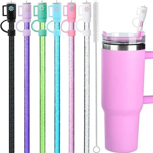 Produktbild: ALINK 12 Pack Ersatz Glitter Strohhalme und Abdeckungen für 40 oz Stanley Adventure Travel Tumbler Cup, Wiederverwendbare, Kompatibel mit 40oz 30oz 20oz 14oz Stanley Wasserkrug