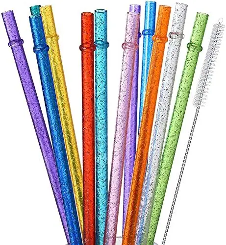 Produktbild: ALINK 12er-Pack Glitzer-wiederverwendbare durchsichtige Kunststoff-Strohhalme, 27,9 cm lange harte Tumbler-Trinkhalme mit Reinigungsbürste (12 Farben)