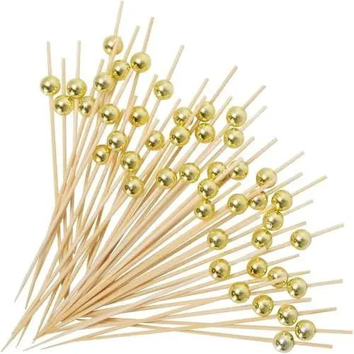 Produktbild: ALINK 200 Stück Cocktailspieße Naturholzspieße mit Gold Acrylperle Holz Zahnstocher Cocktailsticks, Cocktail Pick,Food Sticks für Bar Party, Grillen Snacks, Obst-Spieß, Antipasti(12cm)(Gold)