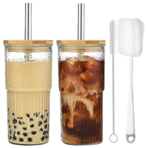 Produktbild: ALINK 2 Stück 600 ML Transparente Gestreifte Glas Wasserbecher mit Deckel,gerippte trinkgläser,Wassergläser,Longdrinkgläser,Eiskaffee becher,Bubble Tea Becher
