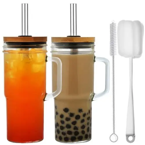 Produktbild: ALINK 2pcs 710ML Becher mit Griff, Deckel und Strohhalm - wiederverwendbare Mason Jar Trinkgläser für Eiskaffee, Smoothies, Bier, Saft und Tee - mit 2 Bürsten