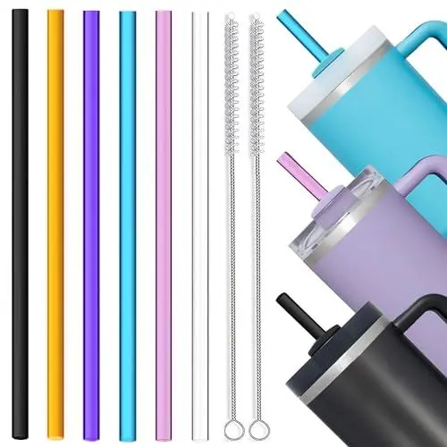 Produktbild: ALINK 6 Stück wiederverwendbare Klare Hartplastik Strohhalme，transparente Ersatz Trinkhalme für 40/30 Unzen Glas und Becher, 31cm extra lange wiederverwendbare Stanley Strohhalme (6 Farben)