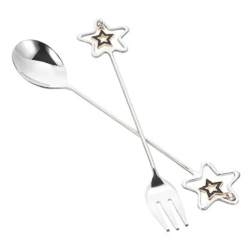Produktbild: Alipis 1 Set Fünfzackiger Stern Anhänger Löffel Obstkuchen Rührlöffel Dessertlöffel Gabeln Rührkaffeelöffel Puddinglöffel Menügabel Löffel Dessertbesteck Kuchengabel