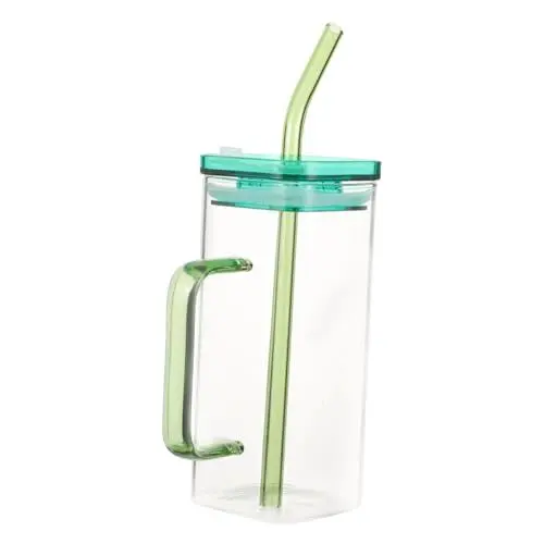 Produktbild: Alipis Quadratischer Glasbecher Mit Strohhalm Und Deckel Trinkglas Für Kalte Und Heiße Getränke Party Für Milch Kaffee Saft Wein