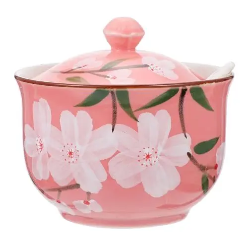 Produktbild: Alipis Handbemalter Blumen-Keramik-Gewürztopf Gewürzglas Zuckerdose Pfeffer Salzschalen Gewürzbehälter Mit Deckel Und Löffel Für Die Küche Rosa