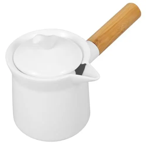 Produktbild: Alipis Keramik Milchtopf Butterwärmer mit Deckel Holzgriff Milchpfanne Kaffeekanne Milchkrug Soßenpfanne Milchwärmer Kleiner Kochtopf für Milch Kaffee Butter Sauce 350ml