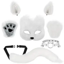 Produktbild: Alishomtll 5pcs Halloween Pelzige Katze Fuchs Maske Weiß Wolf Schwanz, Plüsch Pfoten Handschuhe Tier Ohren Clip, Leder Hals Choker Set Karneval Cosplay Party Maskerade Kostüm für Kinder Erwachsene