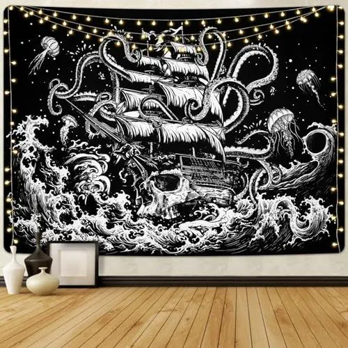Produktbild: Alishomtll Ozeanwelle Wandteppich Ästhetische Skelett Segelboot Octopus Wandbehang Mysterious Quallen Wandteppiche Wandtuch Wandkunst für Schlafzimmer Wohnzimmer Schwarz Weiß 210x150cm