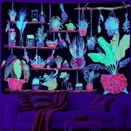 Produktbild: Alishomtll Pflanzen Wandteppich Bonsai Kaktus Wandbehang UV reaktive Pilz Fantasie Glühen im Dunkeln Wandtuch Gelbe Wandkunst für Schlafzimmer Wohnzimmer 150x130cm