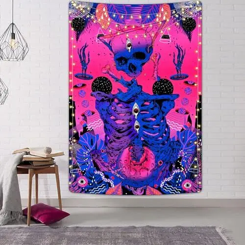 Produktbild: Alishomtll Skelett Schädel Wandteppich Ästhetische Lila Magenta Wandbehang Fantasy Mysterious Vertikale Rose Rot Wandteppiche Hippie Trippy Wandtuch für Schlafzimmer Wohnzimmer 210x150cm