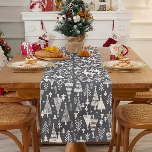 Produktbild: Alishomtll Weihnachten Tischläufer Grau, Weihnachtsbaum Leinen Tischläufer, Schneeflocke Moderner Abwaschbarer Tisch Läufer, Weihnachtsdekoration für Esstisch Winter Party Küche Urlaub 35x183cm