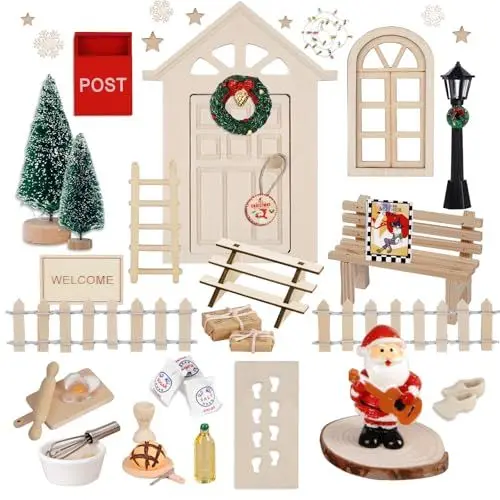 Produktbild: Alishomtll Wichteltür Komplettset 50PCS inkl. Backset, Wichtel Zubehör Weihnachten, Holz Miniatur Weihnachtswichtel Tür Set mit Briefkästen Weihnachtsbaum Zäun Leiter Kranz für Kinder DIY Geschenke