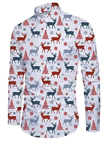 Produktbild: ALISISTER Coole Weihnachtshemd Herren 3D Weiß Rentier Gedruckt Xmas Langarmhemd Lustig Button Down Christmas Shirts Autumn Winter Festival Xmas Hemden M