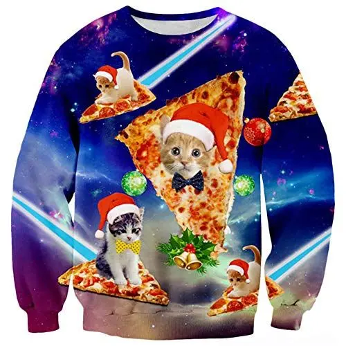 Produktbild: ALISISTER Hässliche Weihnachtspullover Neuheit Pizza Katze Drucken Ugly Christmas Sweater Beiläufig Pullover Sweatshirt für Herren XL