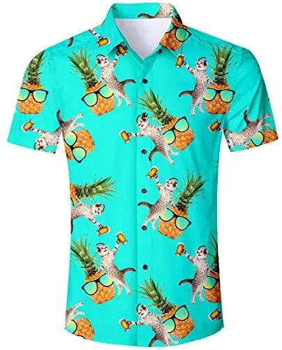 Produktbild: ALISISTER Hawaiihemd Herren Short Sleeve Tshirts 3D Coole Ananas Katze Drucke Hemd Aloha Bluse Button Kleid Summer Urlaub Party Strandhemd Hawaiian Freizeithemd Männer L